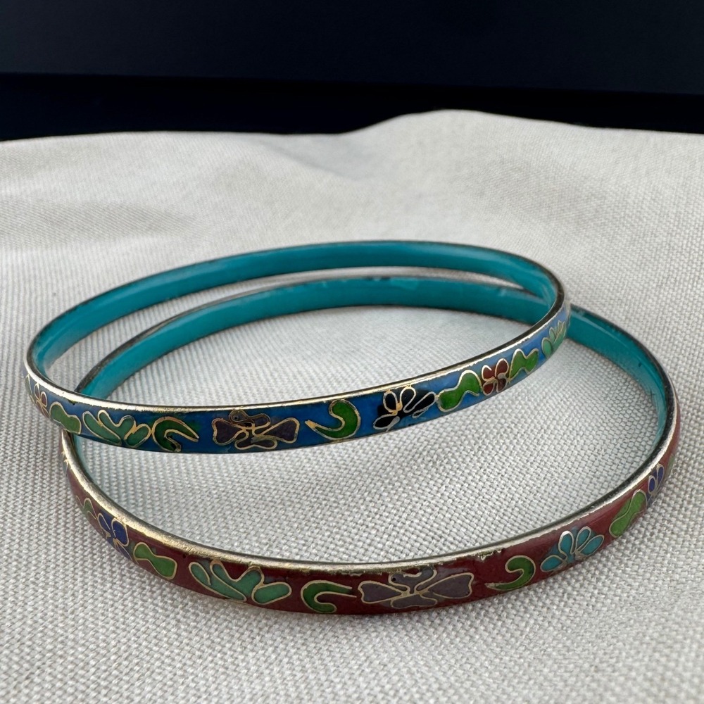 Vintage Cloisonne Bangle Bracelet set of 2 Enamel Floral Red Blue Teal 8"